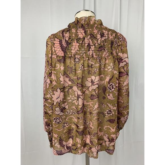 o.p.t One Pretty Time Smocked Tie Peasant Blouse Floral Metallic Threads size XS - Picture 7 of 15